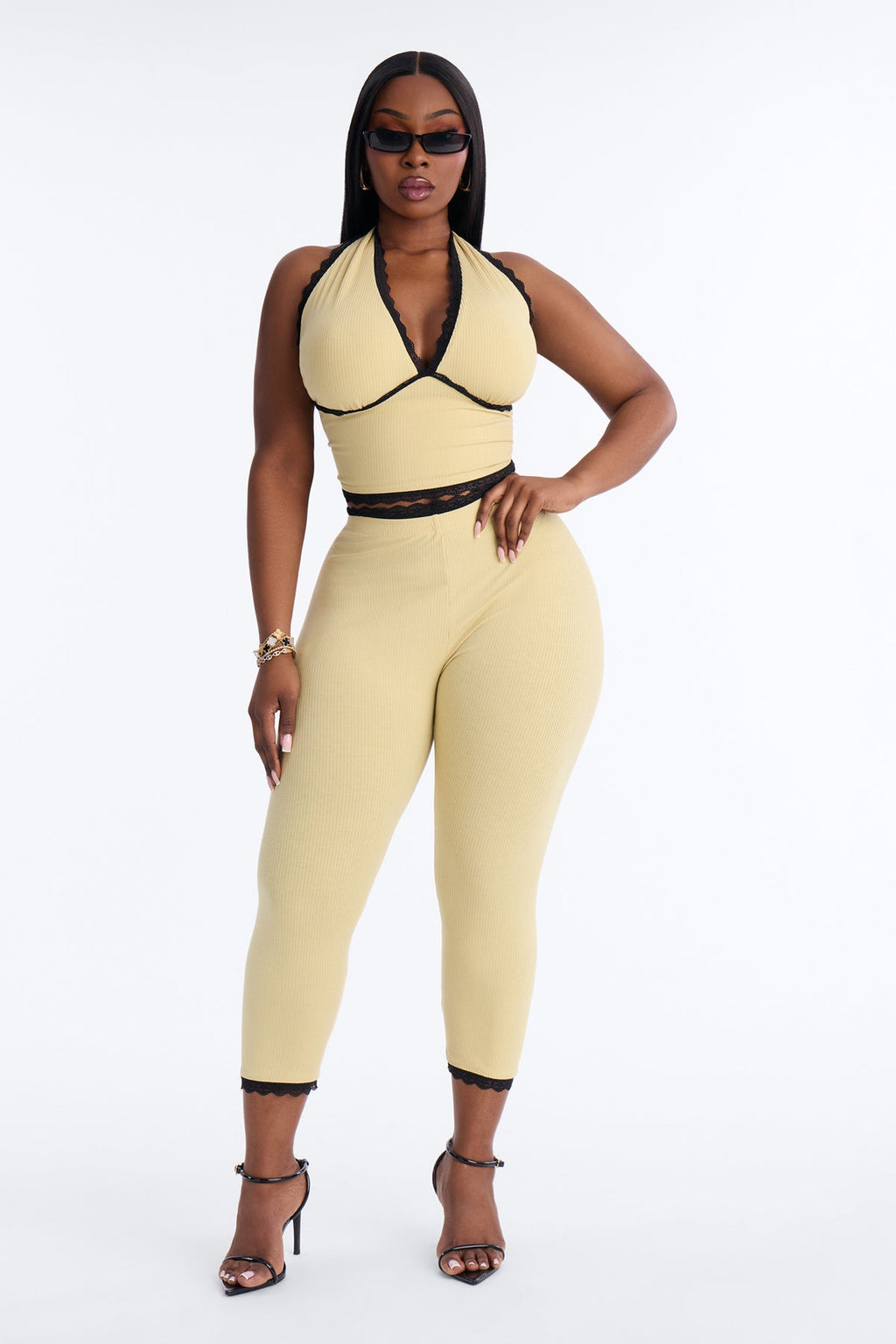 Your's Truly Halter Laced Ribbed Capri Set