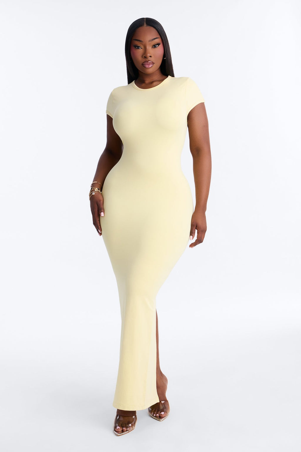 Seamless Smooth Double Lined Cap Sleeve Maxi Dress - Butter Yellow