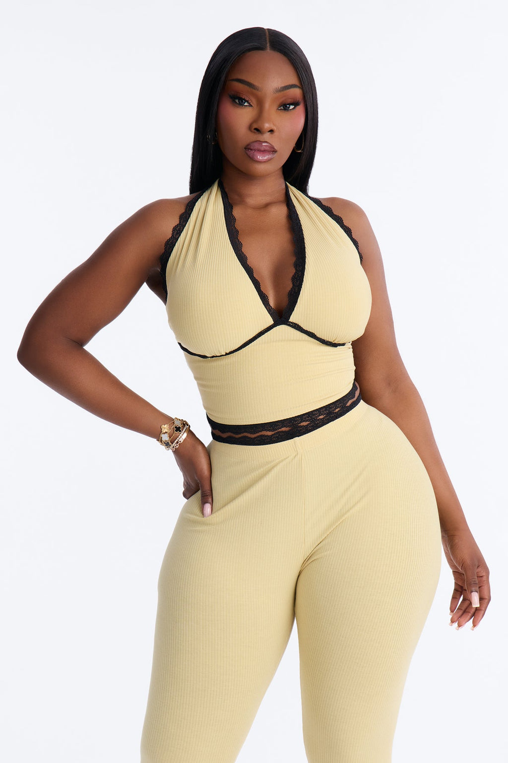 Your's Truly Halter Laced Ribbed Capri Set