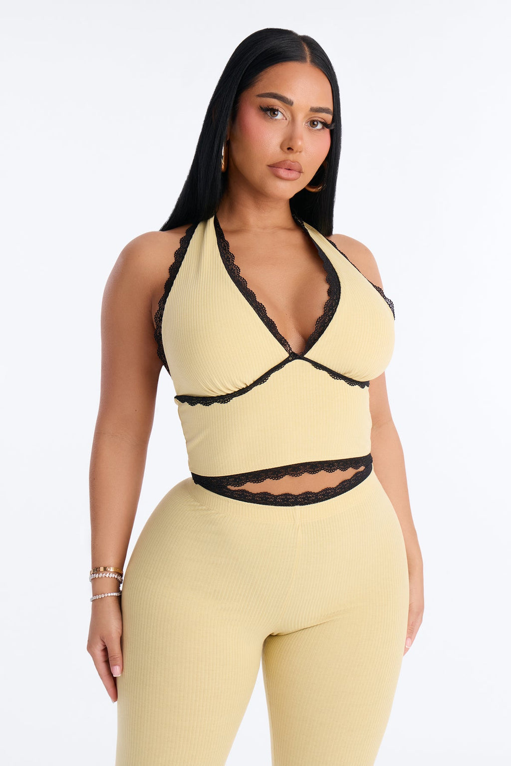Your's Truly Halter Laced Ribbed Capri Set